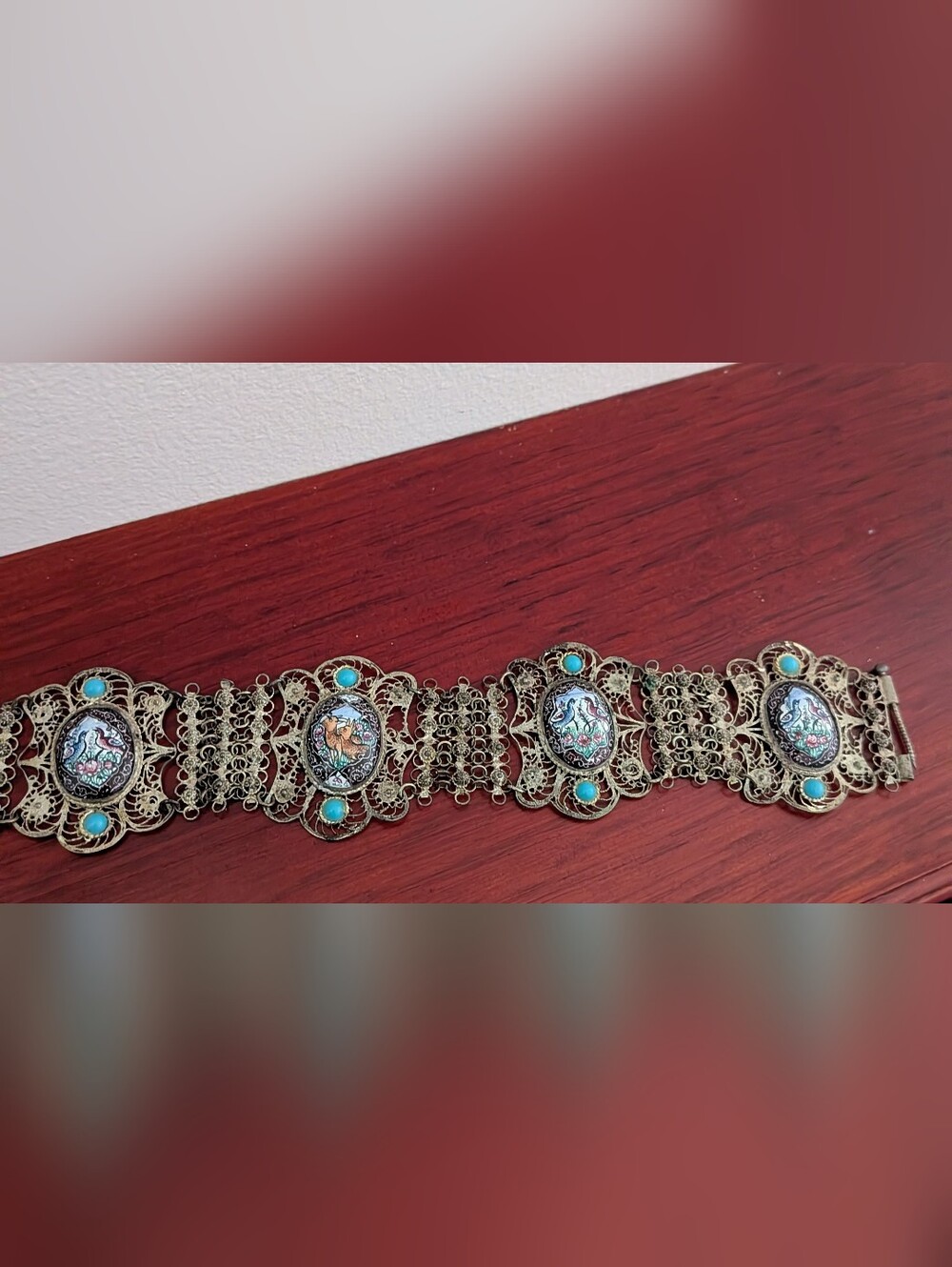 Vintage Persian/Iranian Filigree Bracelet Hand Painted Enamel Bird Deer Panels